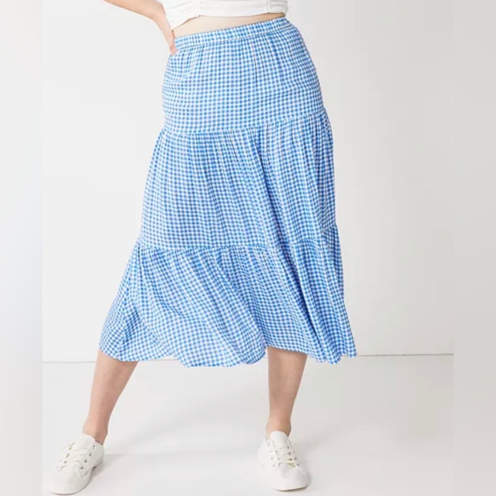 So Goods for Life Blue Gingham Tiered Midi Skirt 2X NEW